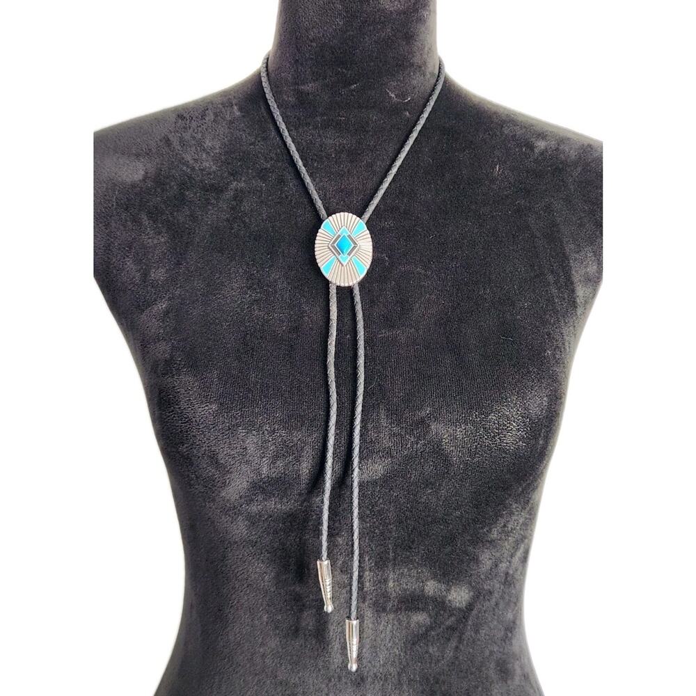 Western Bolo Tie Silver Tone Oval Slide Faux Turquoise Stone Look Black Braided - Picture 1 of 4